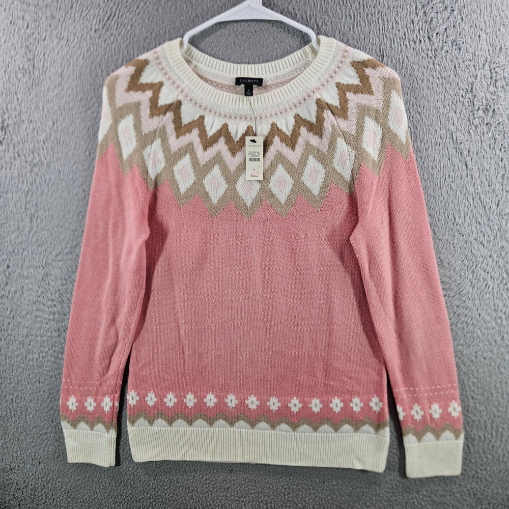 Talbots Womens Pink Fair Isle Lambswool Blend Crewneck Sweater NWT Size S NEW